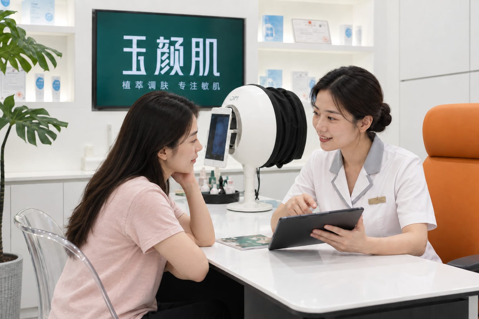 玉颜肌顾问与顾客进行肌肤状态评估