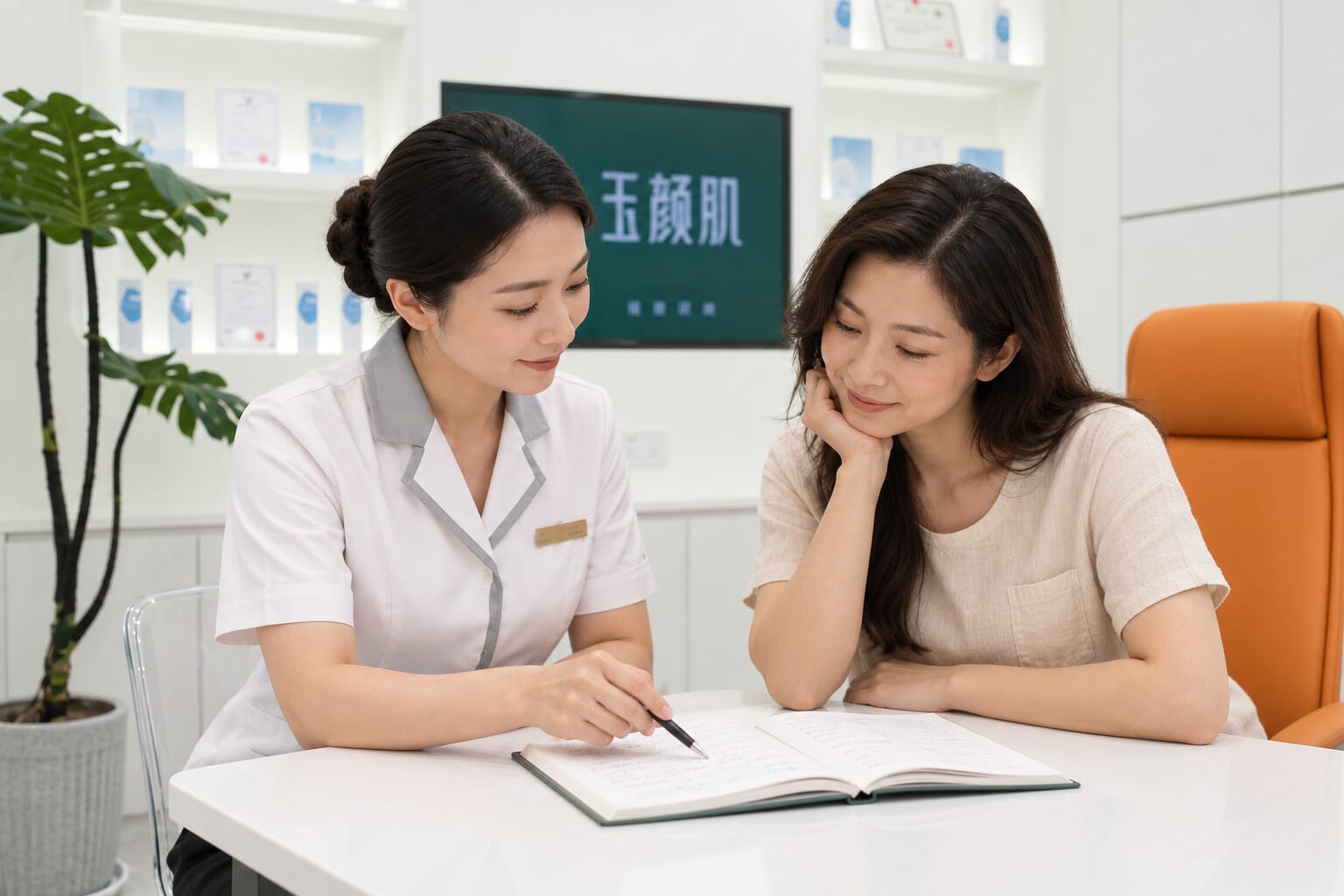 玉颜肌顾问与顾客一起查看护理记录